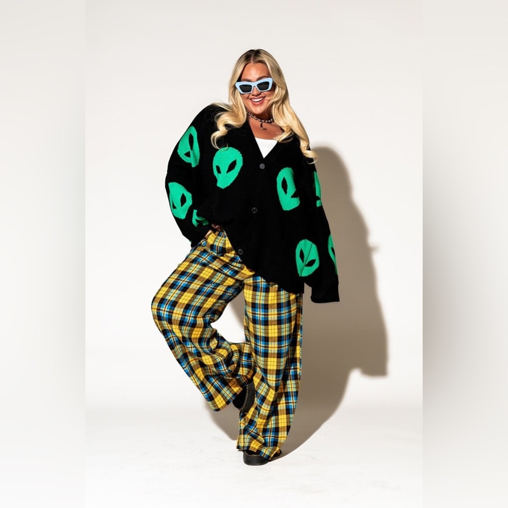 Dressed in LALA Black Cardigan with Neon Green Alien Heads - Picture 2 of 13